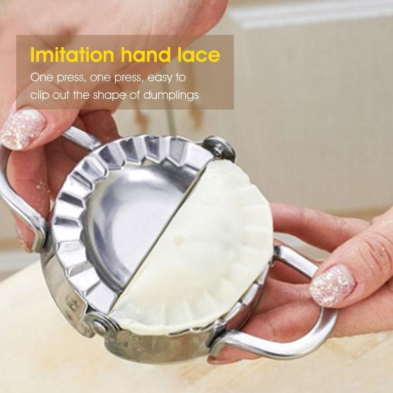 Kitchen dumpling maker kit showing various sizes of stainless steel molds for baking accessories