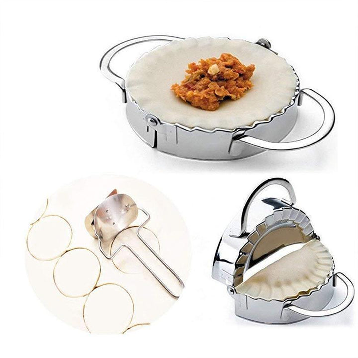Ergonomic stainless steel dumpling press tool, ideal for crafting consistent empanadas