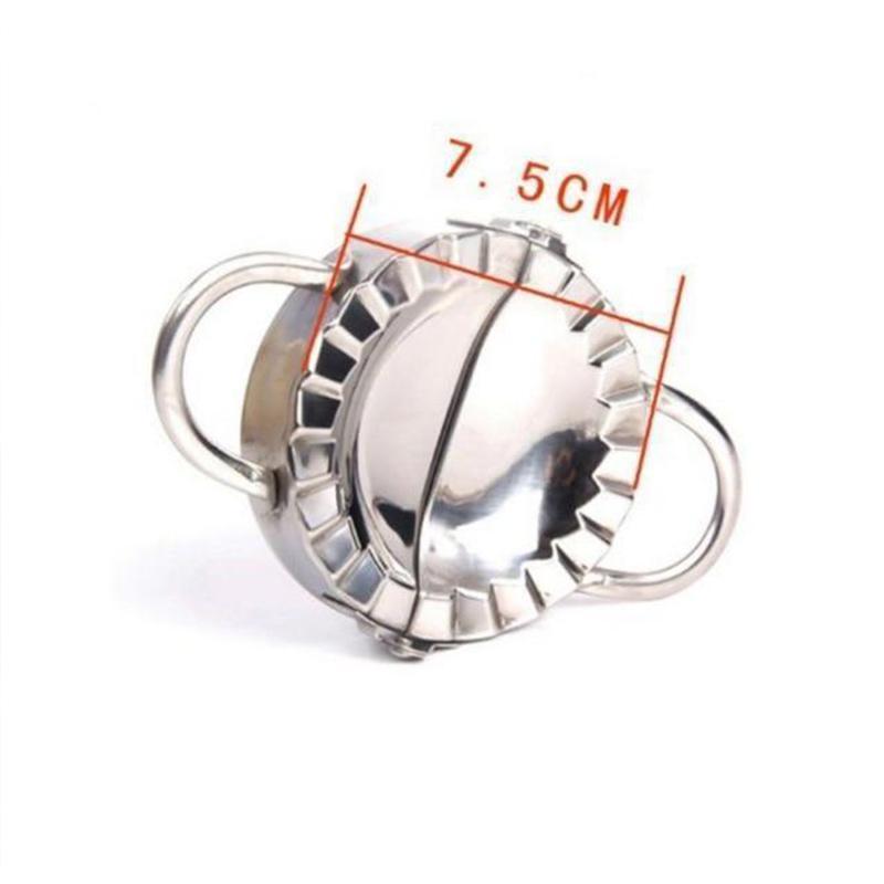 Packaging of a stainless steel dumpling making kit, showcasing its use as a kitchen gadget