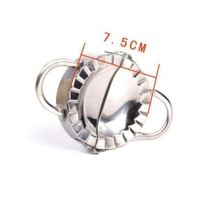 Packaging of a stainless steel dumpling making kit, showcasing its use as a kitchen gadget