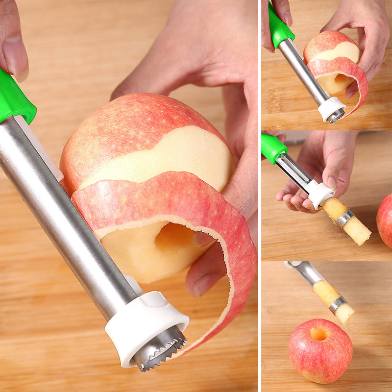 Stainless steel fruit corer and peeler tool for quick apple prep, kitchen gadget.