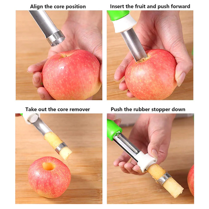 Detail of the coring mechanism on a stainless steel fruit and apple peeler.