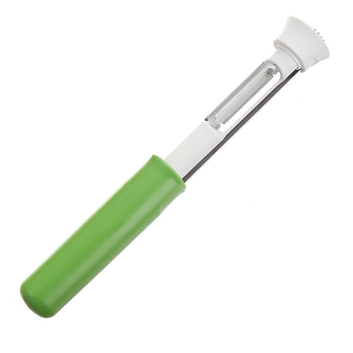 Modern fruit corer and peeler, a sleek stainless steel addition to any kitchen.