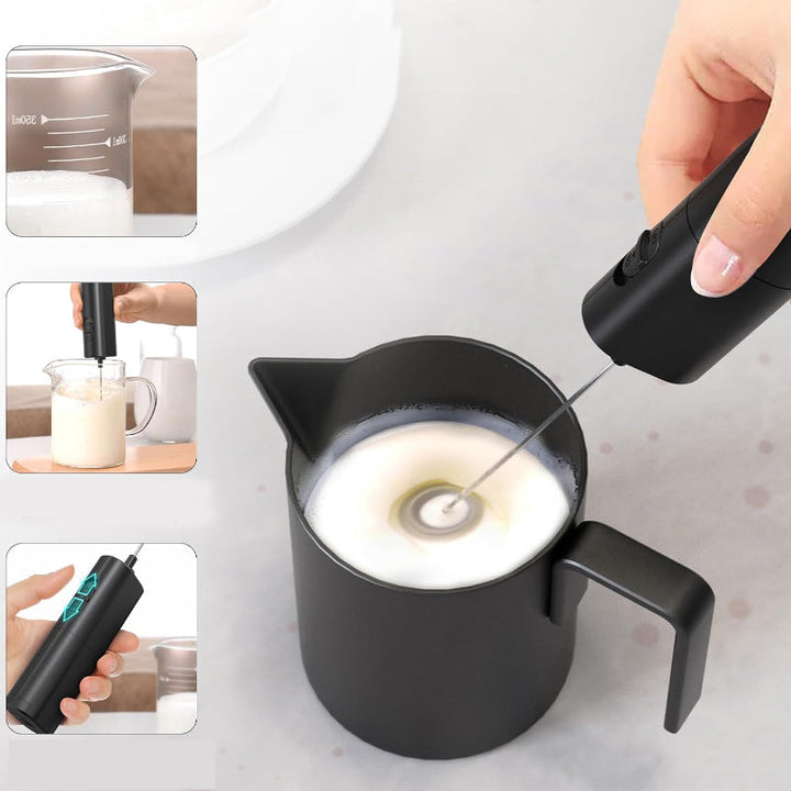 Detail shot of the whisk on the handheld milk frother, showing its efficient design
