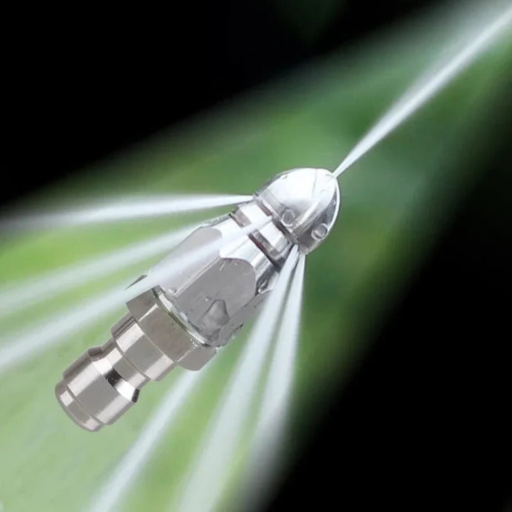 Stainless steel high pressure sewer jetter nozzle for drain cleaning. Connects to pressure washers for unclogging pipes.