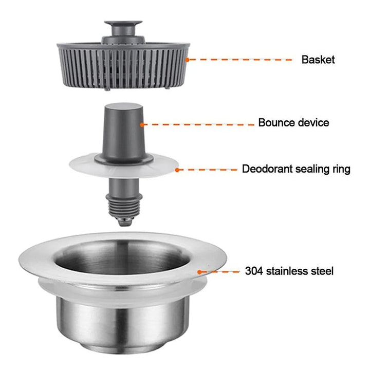 Efficient kitchen drain strainer made of stainless steel, keeps sink odor-free