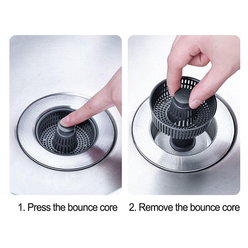 Side profile of kitchen sink drain strainer, showing depth for catching debris & odor filter