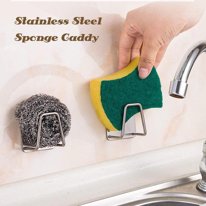 Stainless steel kitchen sink sponge holder with strong self-adhesive backing for organization