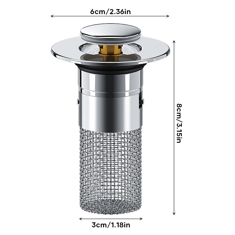 Installation view of a stainless steel pop-up drain filter for a standard sink opening