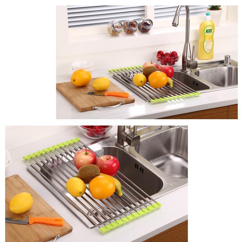 Modern kitchen roll-up drying rack, versatile design for dishware, fruits, and vegetables