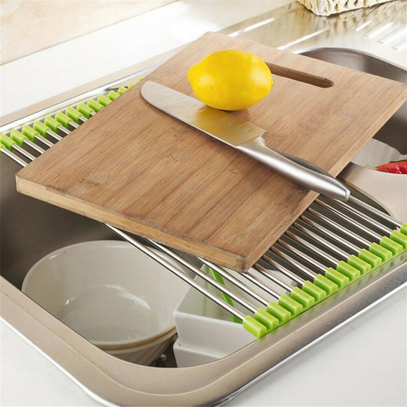 Space-saving stainless steel dishrack, portable and rolls up, ideal for small kitchens