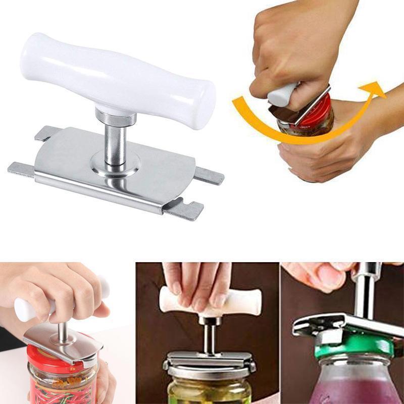 Hand holding a universal jar opener, demonstrating how it securely grips a jar lid for opening