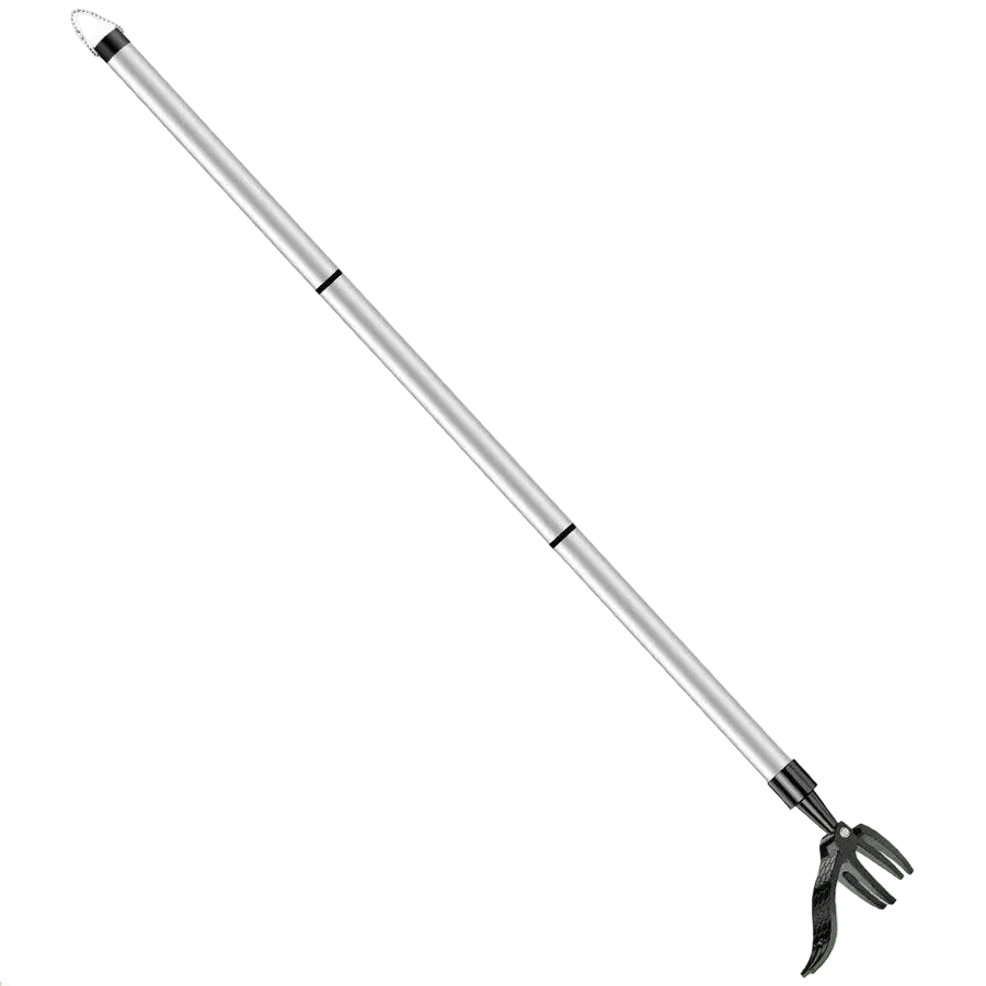 Stand-up garden weed puller with long handle for back-saving lawn care and root removal.