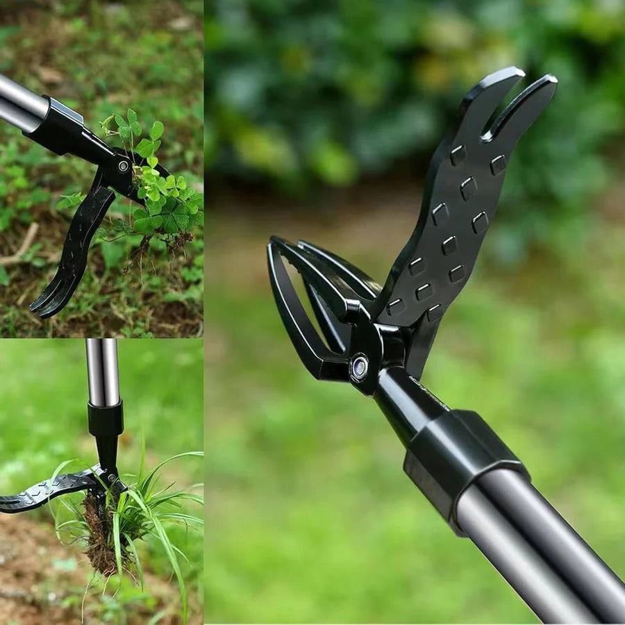 Ergonomic stand-up weeder tool with long handle for efficient gardening & weed removal.