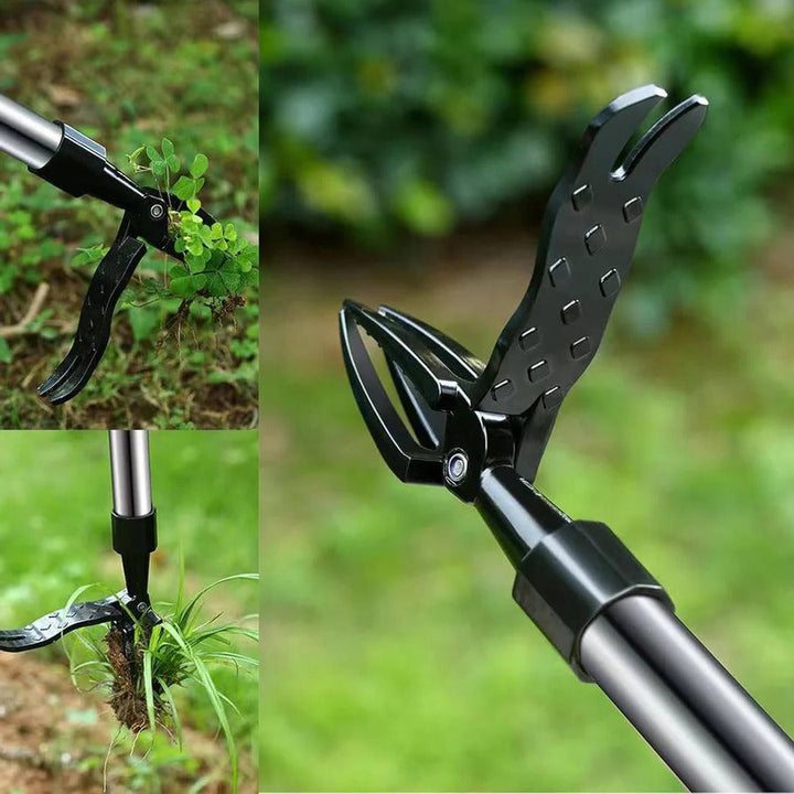 Ergonomic stand-up weeder tool with long handle for efficient gardening & weed removal.