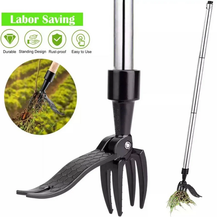 Long-handled stand-up garden tool for effective weed pulling and root removal without bending.