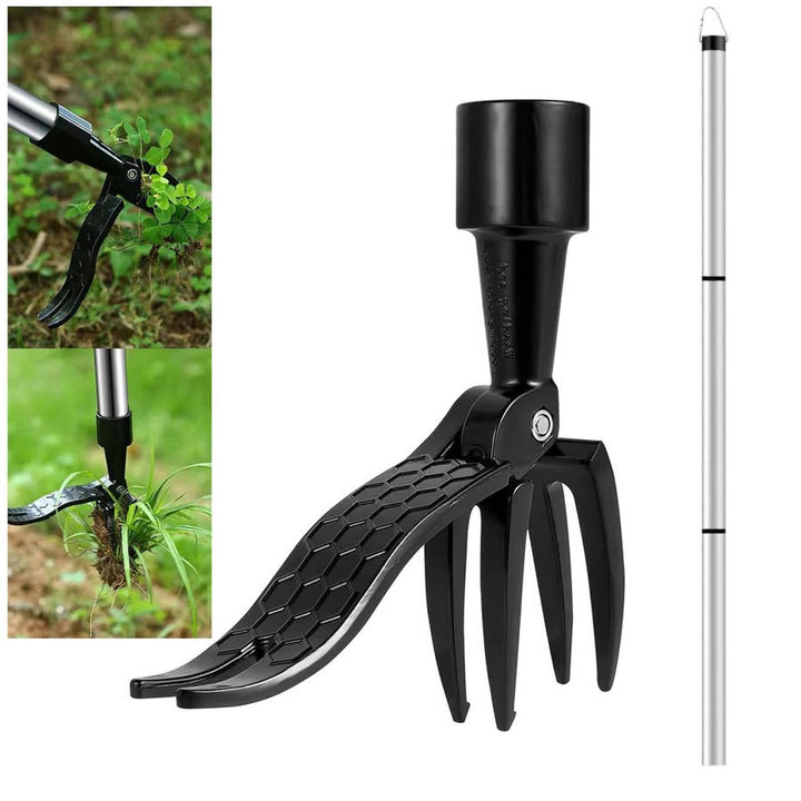 Garden weed puller with long handle for easy, efficient lawn care and root removal.
