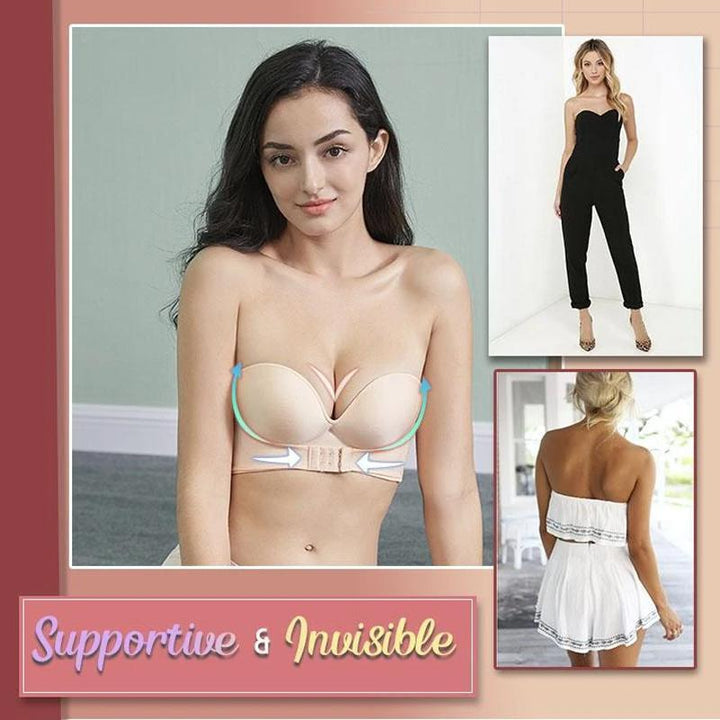 Lingerie shot: strapless seamless bra with front buckle, providing excellent support.