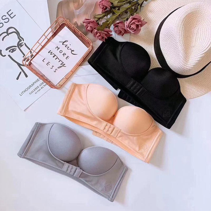Women's comfort bra, wireless and strapless, with unique front buckle for enhanced lift.