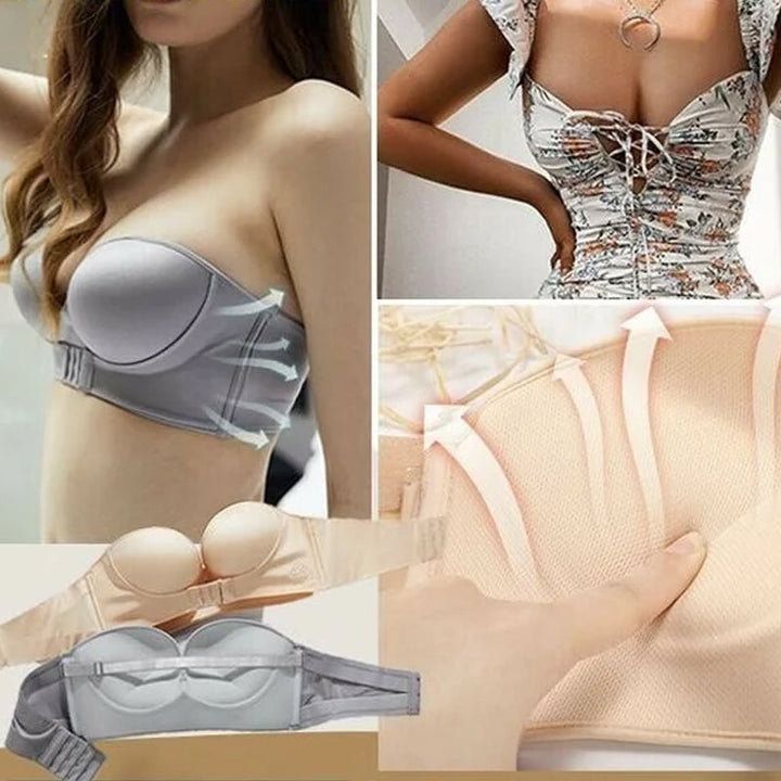 Seamless strapless bra with front buckle for women, offering lift and comfortable support.