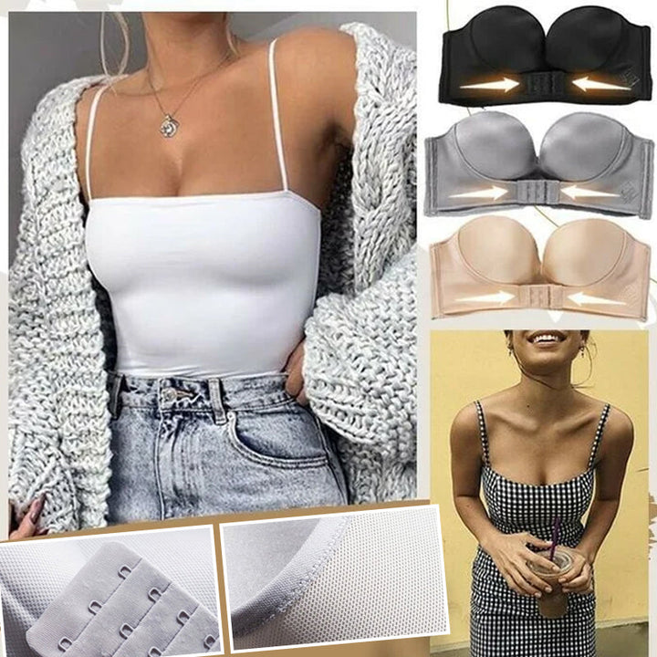 Close-up of the front buckle mechanism on a seamless strapless women's bra.