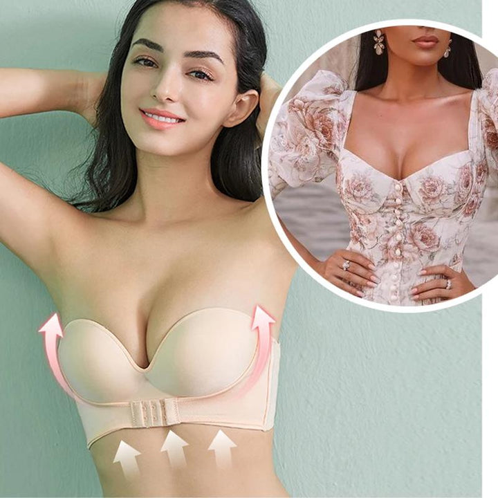 Model wearing a strapless front buckle lift bra under an off-shoulder top for demonstration.