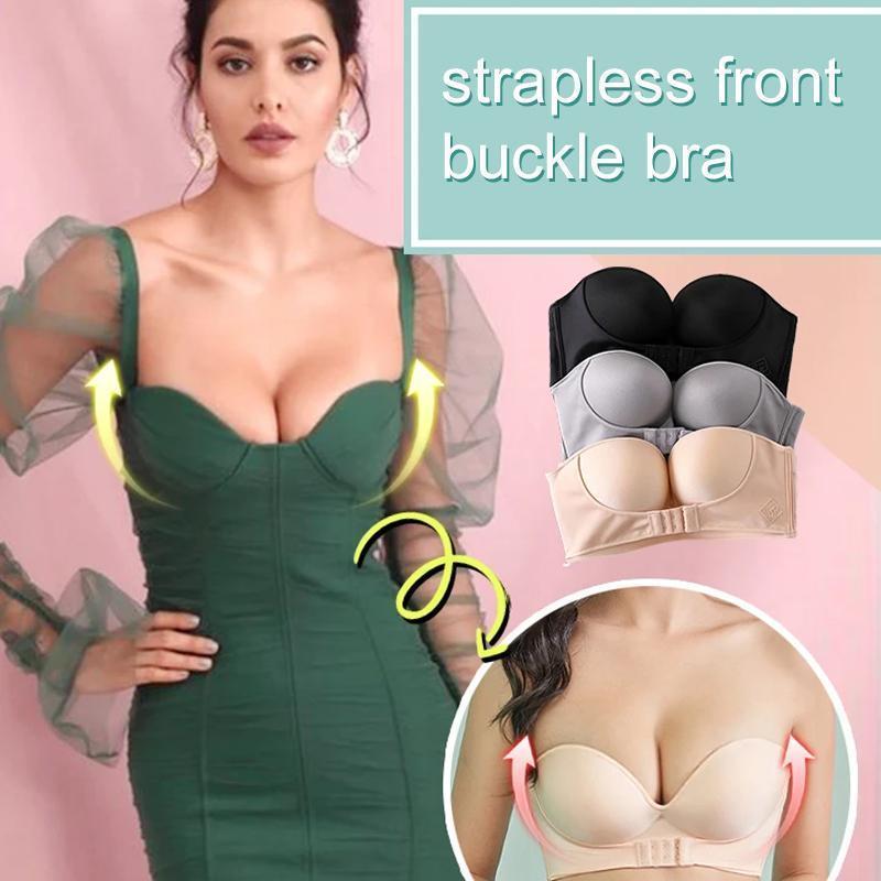Comfortable women's strapless bra, seamless and wireless, with easy-to-use front buckle.