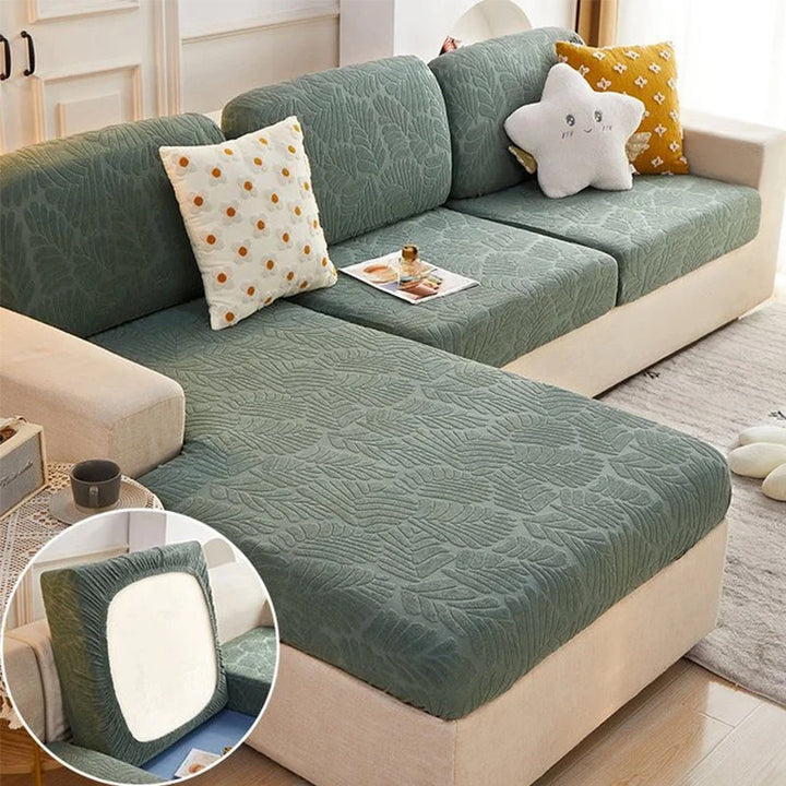 Comparison of a sofa with and without the stretchable furniture protector, showing instant home decor upgrade.