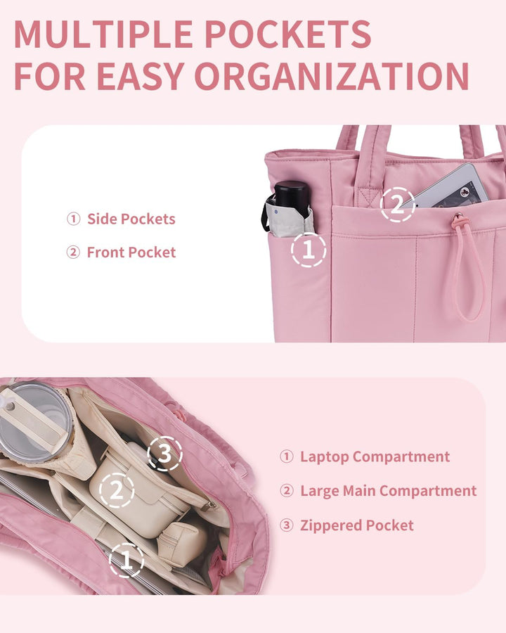 Women's black puffer shoulder tote, useful for travel, work, or as a gym bag.