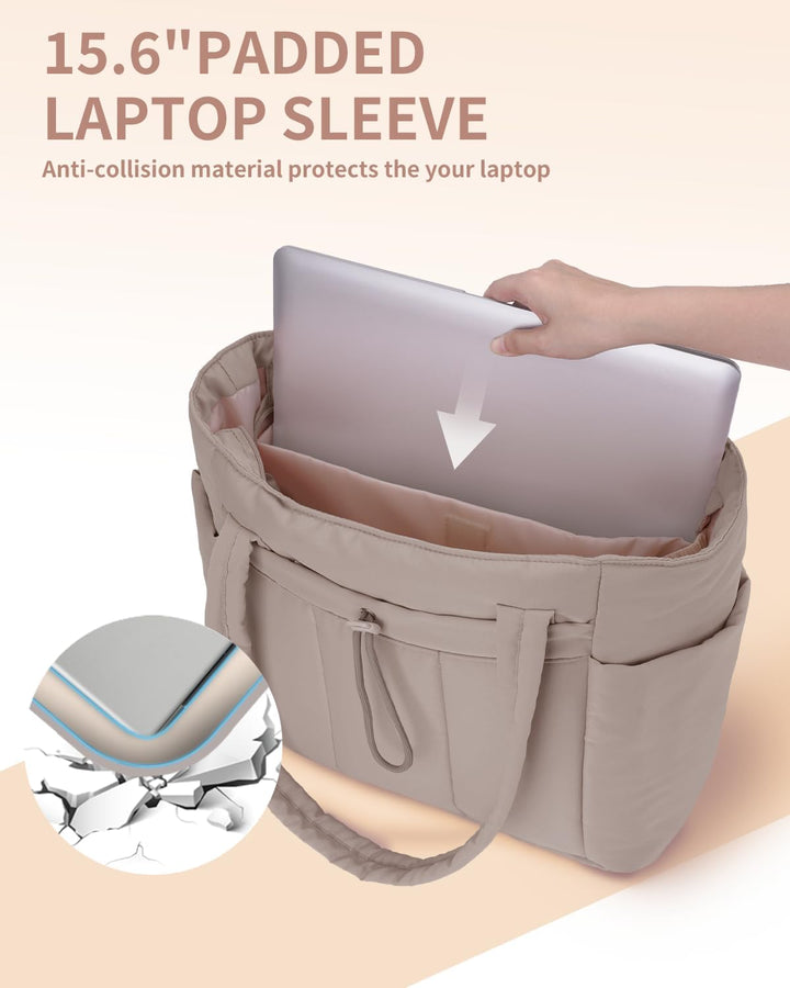Beige quilted gym tote bag, spacious for women's laptop & travel needs.