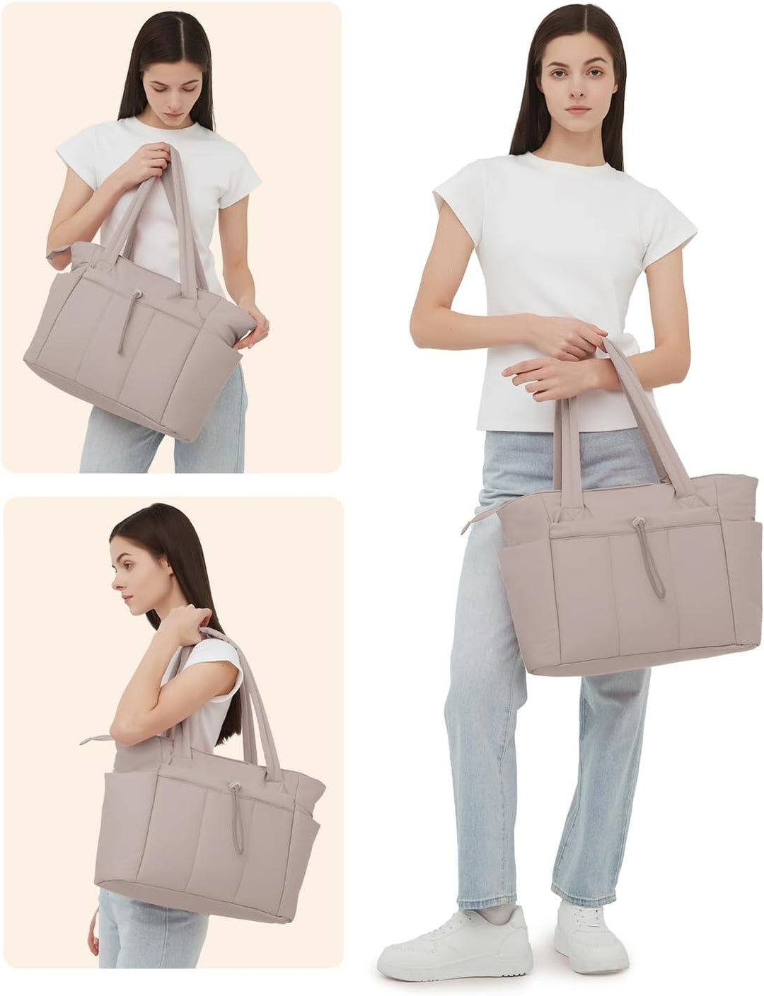 Durable beige quilted women's tote, designed for travel with a luggage sleeve.