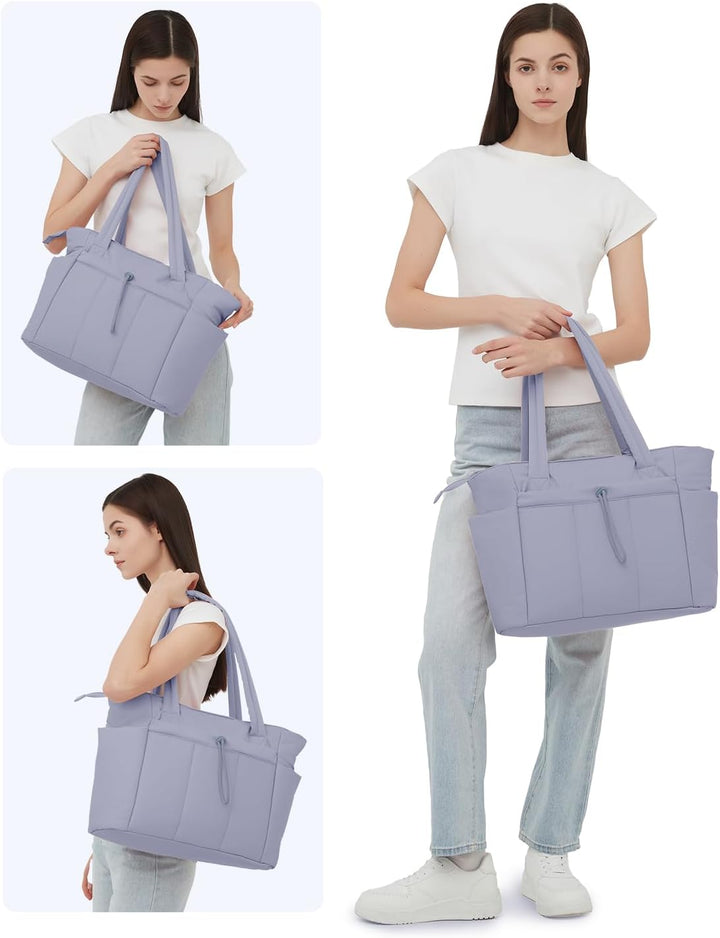 Stylish blue quilted puffer tote bag for women, perfect for laptop & daily use.