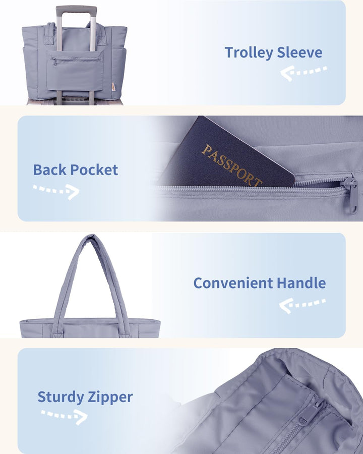 Women's blue quilted travel tote, featuring a cup holder & luggage sleeve.