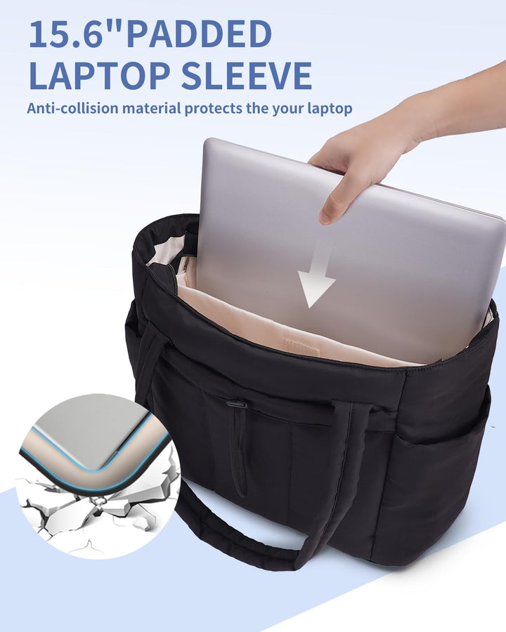 Stylish pink quilted puffer tote bag for women, perfect for laptop & daily use.