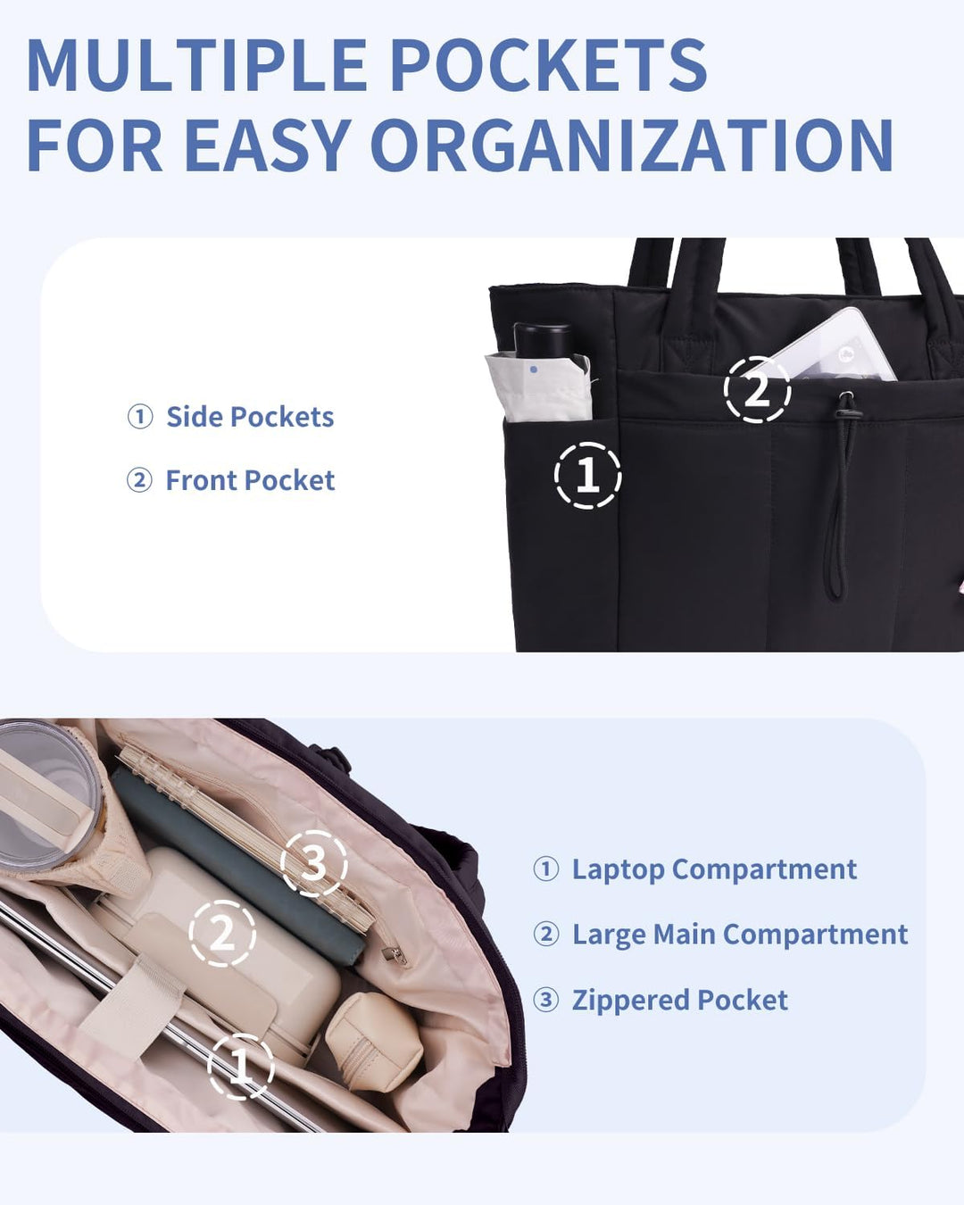 Pink puffer tote bag with laptop sleeve, ideal for work, travel & gym essentials.