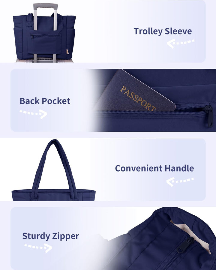 Pink quilted laptop travel tote, featuring a convenient cup holder & luggage sleeve.