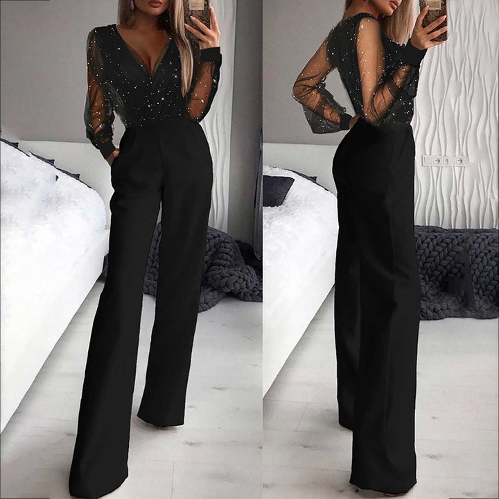 Model wearing a new black women's casual jumpsuit, ideal for comfortable leisure wear & everyday style.