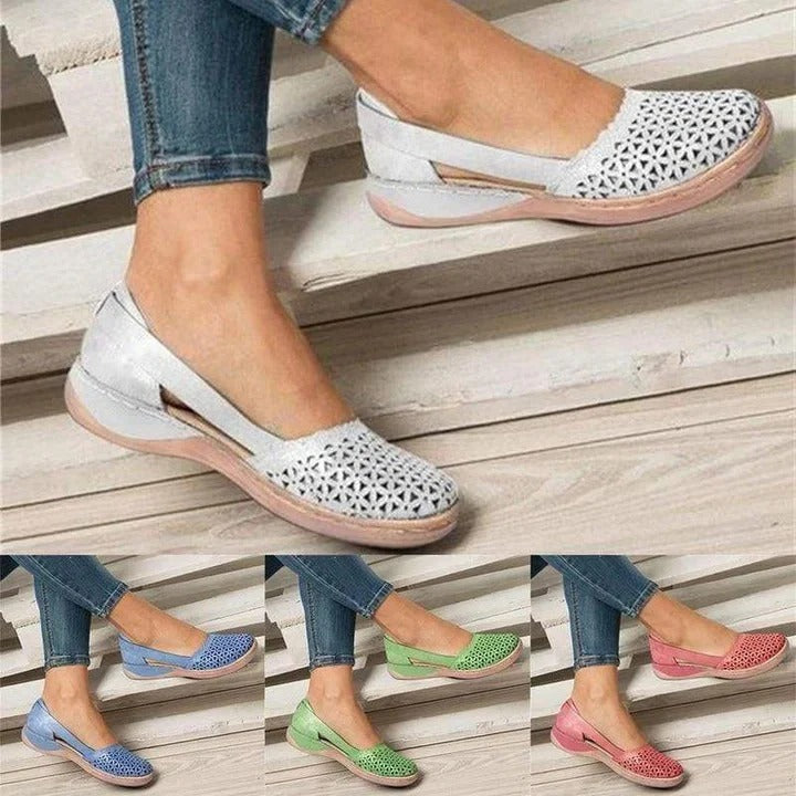 Orthopedic black women's flats with wide toe box, perfect for bunion relief & plantar fasciitis. Great walking shoes.