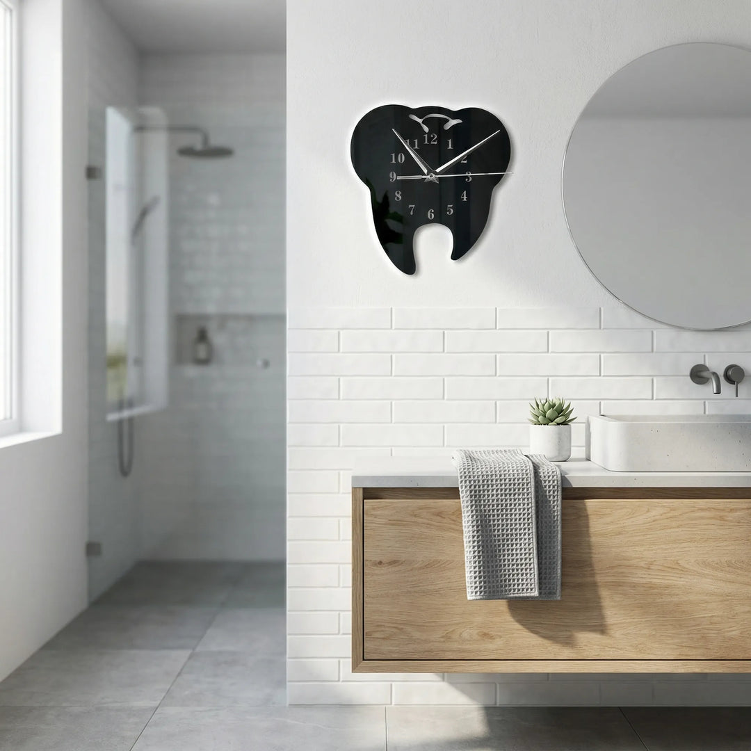 Stylish LED bathroom mirror clock, wall mounted with silent operation, modern wall decor.