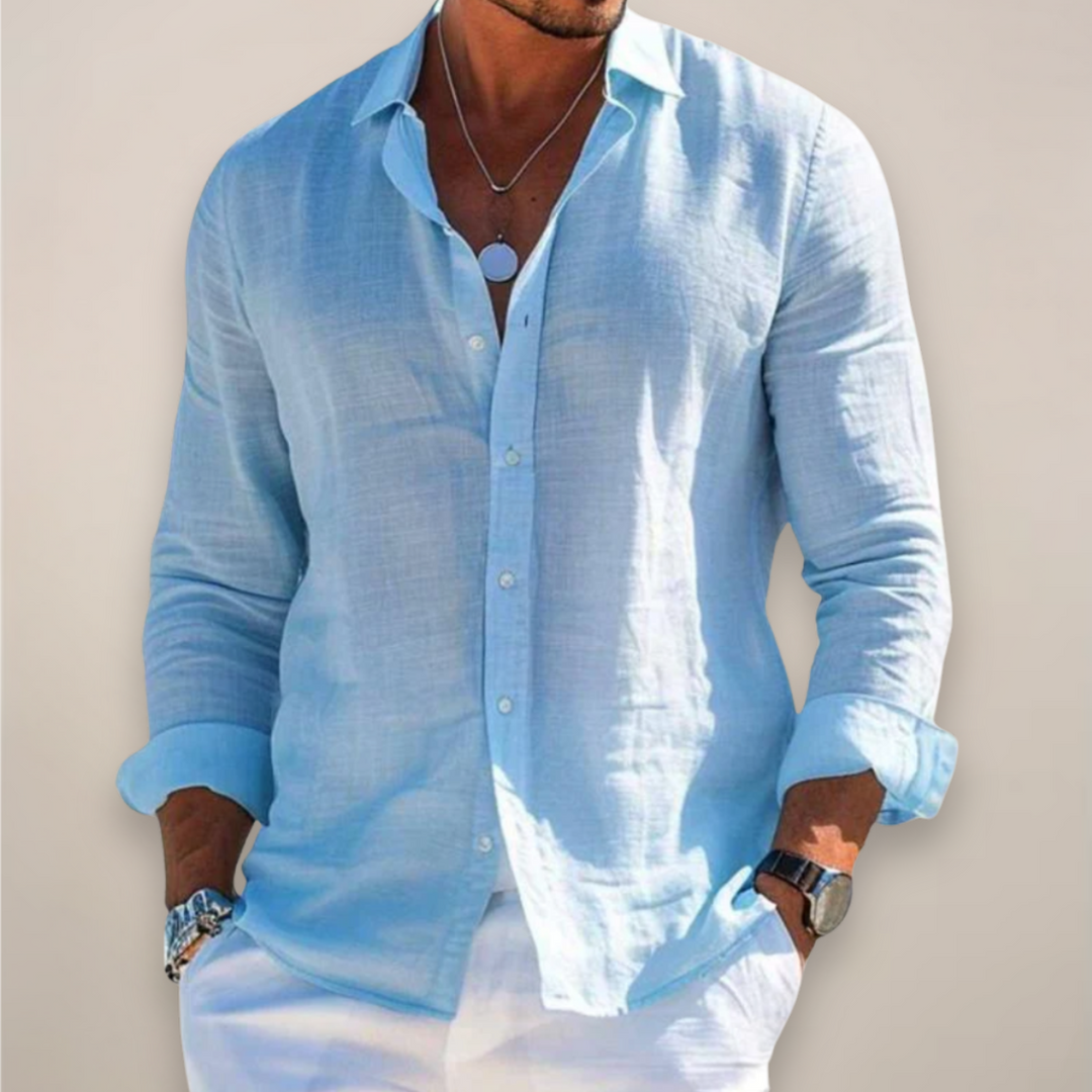 Versatile men's long sleeve button-up shirt for casual & smart casual fashion. Solid color, stylish.