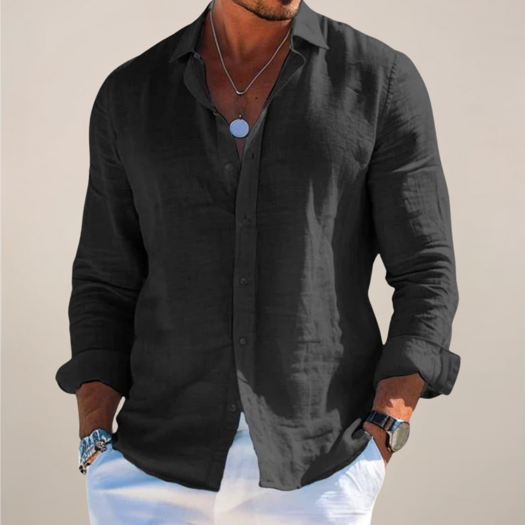Men's casual long sleeve collared button-up shirt. Solid color, comfortable and stylish for everyday.