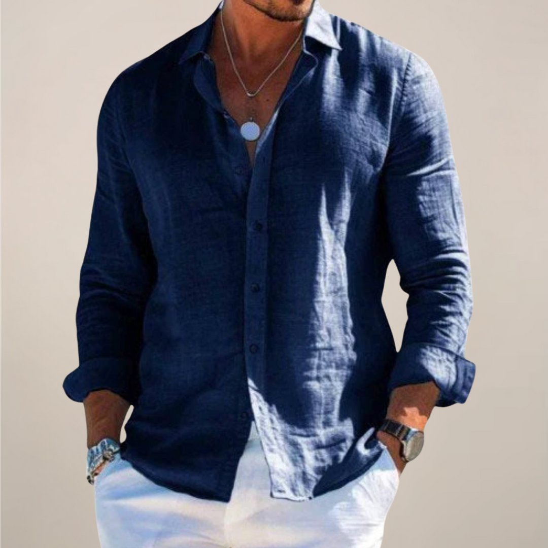 All-season men's long sleeve button-up shirt. Classic solid color, stylish for modern men's fashion.