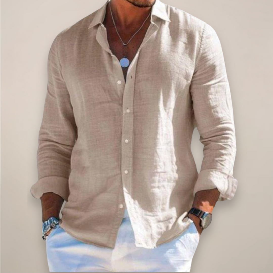 Stylish & versatile men's collared long sleeve button-up shirt in solid color for smart casual wear.