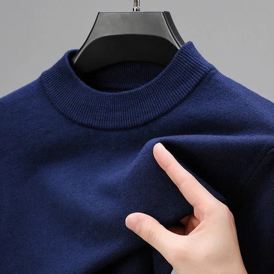 High-quality men's mock neck pullover sweater, offering a sleek and comfortable fit for everyday style.