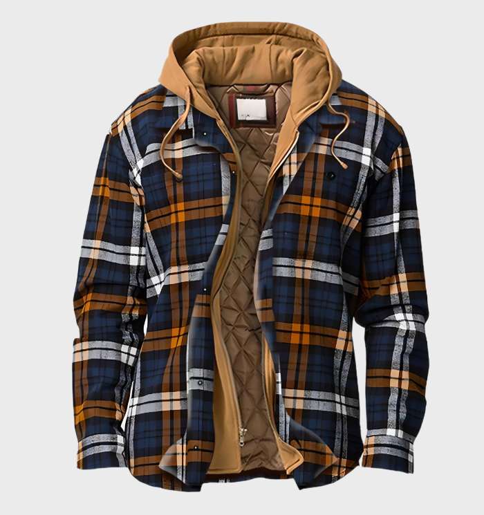 Stylish men's navy patterned hooded jacket, warm fall & winter outerwear for modern casual fashion.