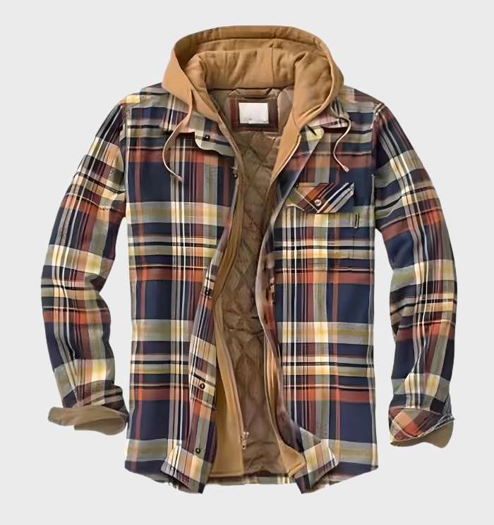 Casual men's blue patterned hooded jacket, perfect for warmth and style in cold weather fashion.