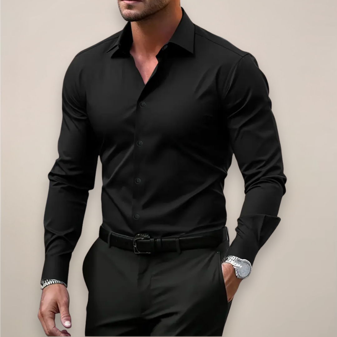 Comfortable men's slim-fit long sleeve button-up shirt, perfect for sophisticated casual or formal attire.