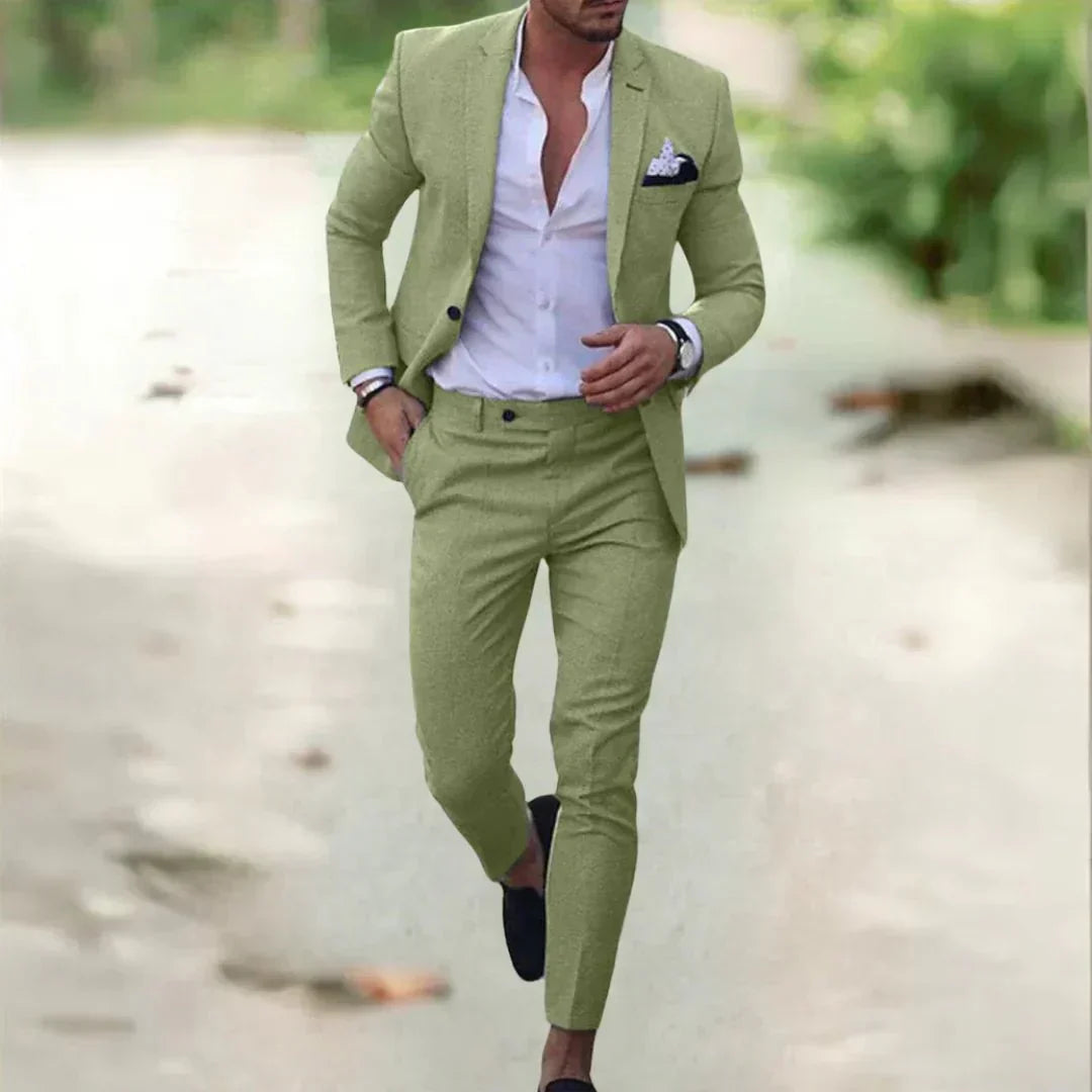 Stylish men's slim fit two-piece suit, perfect for business meetings, weddings & formal events. Modern tailored design.