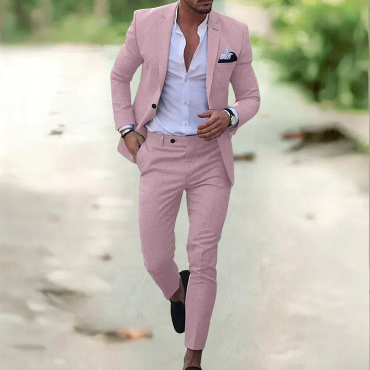 Detailed shot of a sleek slim fit men's suit lapel and button, showcasing craftsmanship & premium formal wear.