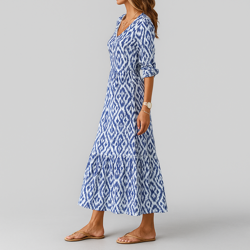 Bohemian blue ikat print maxi dress for women. Comfortable relaxed fit, V-neck, 3/4 sleeve, casual summer style.